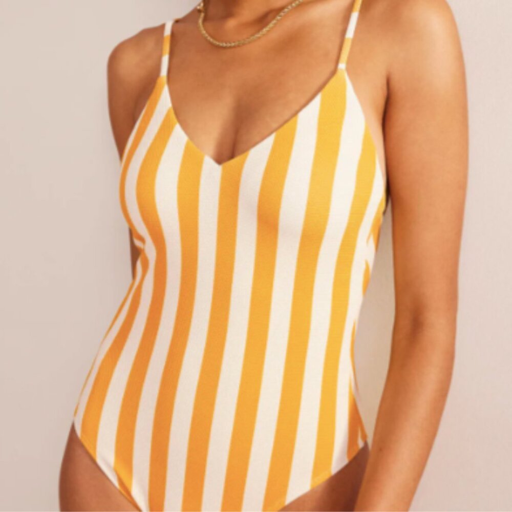 Boden One Piece Swim Suit NWT Skinny Strap Stripe Ivory and Yellow